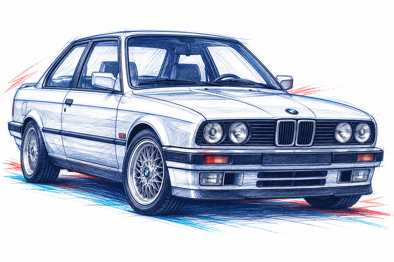 Blaue Tuscheskizze eines klassischen BMW E30 Zweitürers